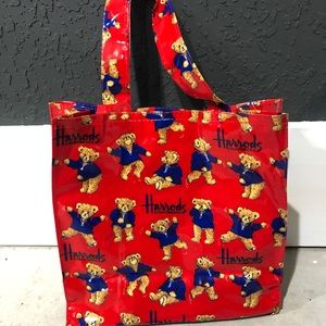 Harrods vintage Tote Bag. Red with teddy bears. Good used condition. Vinyl bag.